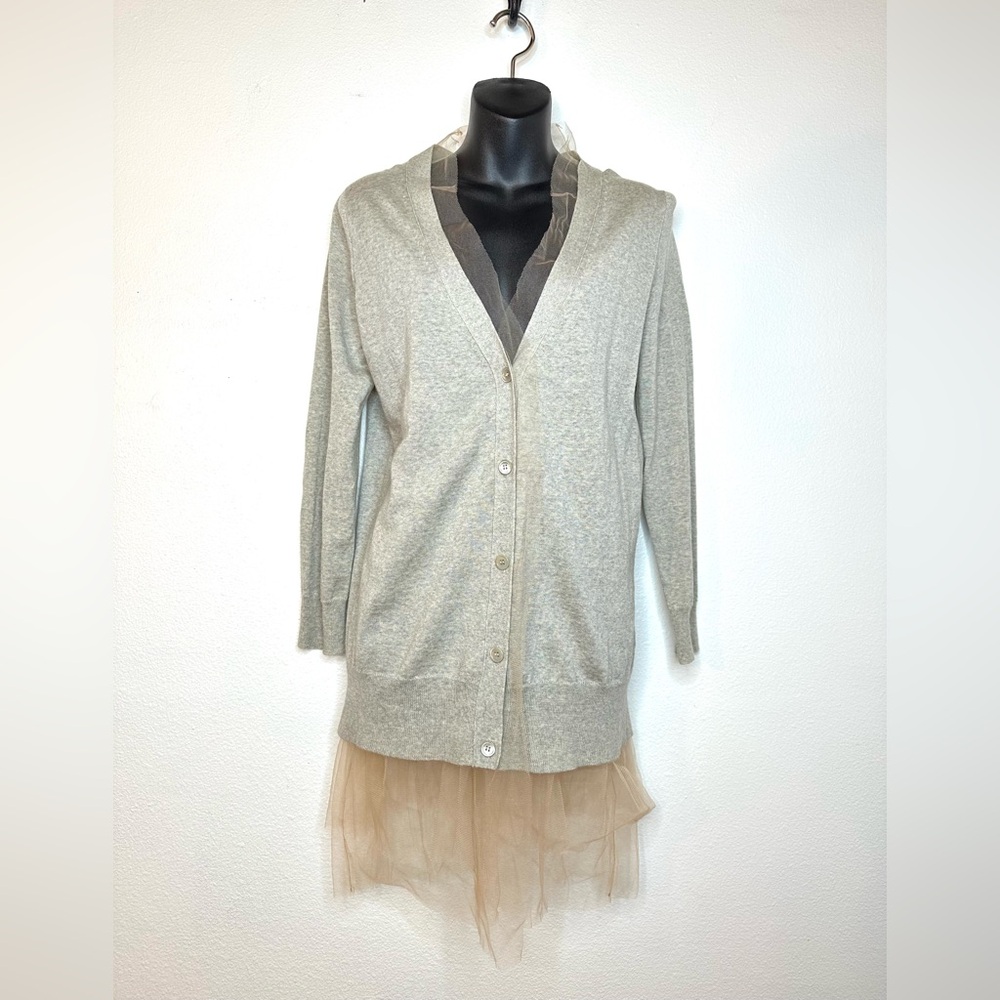 J. Crew Women's Cardigan XS Grey Tulle Hem 100% Merino Wool Balletcore Romantic